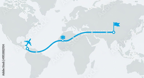 Global Travel Route Illustration - Airplane Journey from America to Asia.
