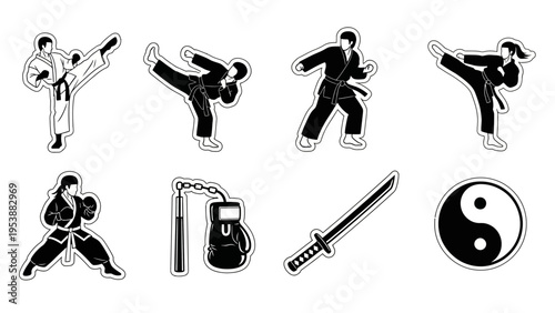 Martial Arts Icons: Karate, Kung Fu, Nunchaku, Sword, Yin Yang, Boxing