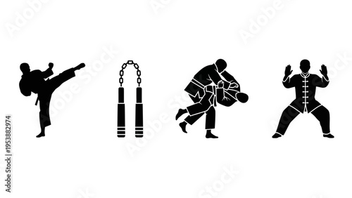 Martial Arts Icons: Karate, Nunchaku, Judo, Kung Fu Poses
