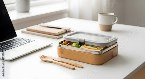Fresh and healthy meal packed in a stylish wooden bento box on a clean desk