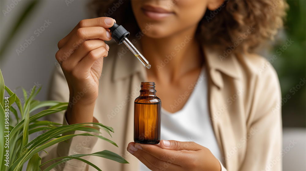 Fototapeta premium Faceless close-up of female hands holding a glass dropper above an amber cosmetic bottle, minimalist skincare serum concept, natural beauty products, wellness lifestyle, with copy