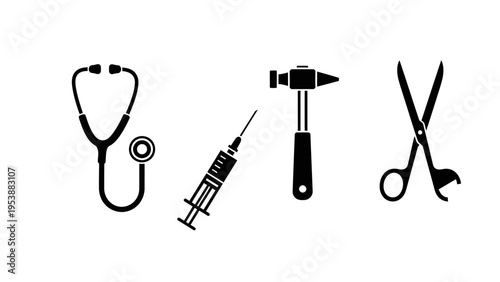 Medical Instruments Icon Set: Stethoscope, Syringe, Hammer, Scissors