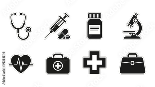 Medical Icons Set: Stethoscope, Syringe, Pills, Microscope, Heartbeat, First Aid Kit, Cross, Briefcase