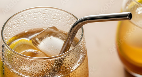 Refreshing iced beverage in a condensation-covered glass with lemon, ice cubes