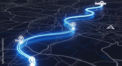 Futuristic Navigation - Glowing Route on Digital Map.
