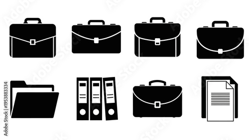 Office Icons: Briefcases, Folder, Binders, Document - Business & Work Symbols