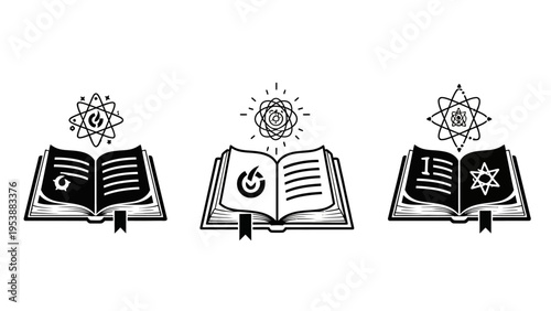 Open Books with Symbols of Science, Spirituality, and Religion