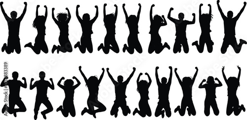 People jumping silhouettes set, happy men and women celebrating success poses, energetic human jump action isolated black vector