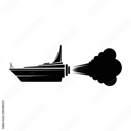 Silhouette of a Speedboat Emitting Black Smoke on White Background.
