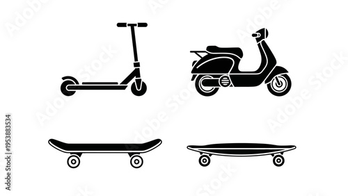 Scooter, Scooter, Skateboard, Longboard Icons Set