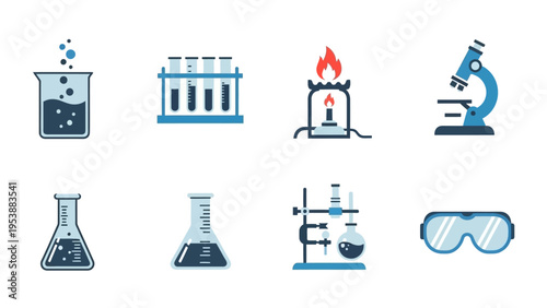 Science Laboratory Equipment Icons: Beaker, Microscope, Burner, Goggles