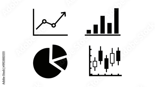 Set of 4 Business and Finance Icons: Line Graph, Bar Chart, Pie Chart, Candlestick Chart
