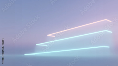 Abstract geometric shapes with neon lights in pastel colors. Soft gradient background creates a futuristic atmosphere.