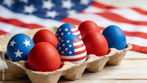 Brightly colored patriotic Easter eggs featuring American flag designs resting inside a brown cardboard carton against a blurred national banner background.
