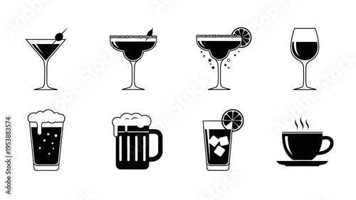 Set of 8 Black and White Drink Icons: Cocktails, Beer, Wine, Coffee