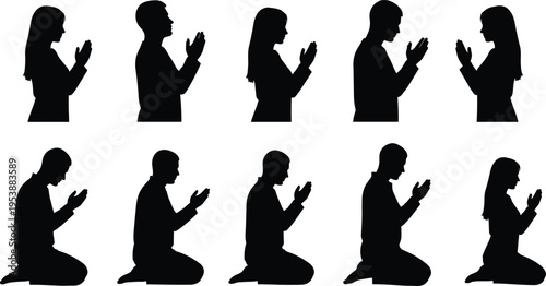 People praying silhouettes set, men and women praying hands gesture, kneeling prayer poses, religious worship collection vector illustration