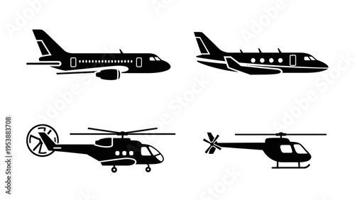 Set of Black Airplanes and Helicopters Icons on White Background