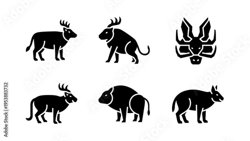 Set of Black Animal Icons: Deer, Bison, Wildebeest, and Stylized Head