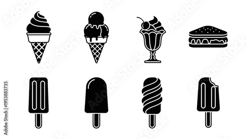 Set of black and white icons: ice cream, popsicle, sundae, and hamburger