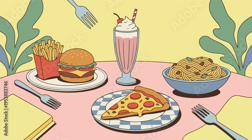 Vibrant table setting with various popular comfort foods and a milkshake