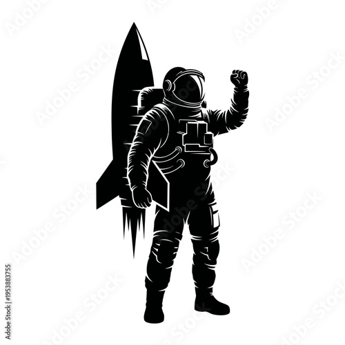 Silhouette of an Astronaut with Rocket Pack Celebrating Success.