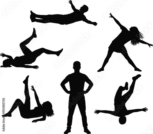 People falling and losing balance silhouette set, accident risk poses, body movement danger concept illustration