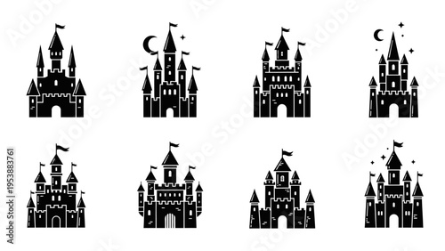 Set of Black Castle Icons on White Background, Fairy Tale and Fantasy Architecture