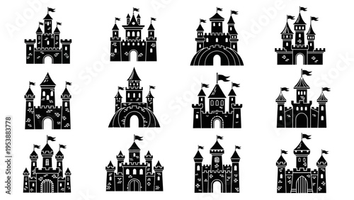 Set of Black Castle Icons: Fantasy Fairytale Buildings Collection