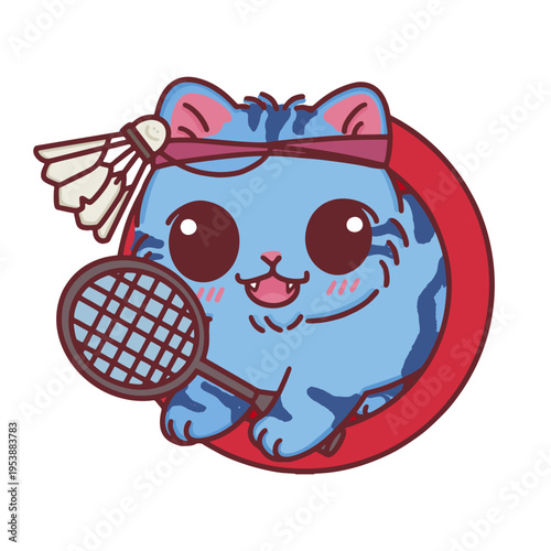 Blue tabby cat athlete with badminton racket and shuttlecock headband