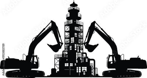Black industrial silhouette showing two heavy excavators working near a tall refinery tower and factory building on a white background.