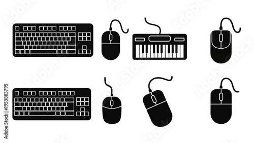 Set of black computer peripherals: keyboards and mice icons on white background