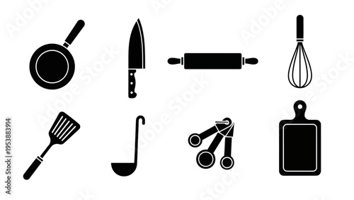 Set of Black Kitchen Utensils Icons: Cooking Tools Silhouette Collection