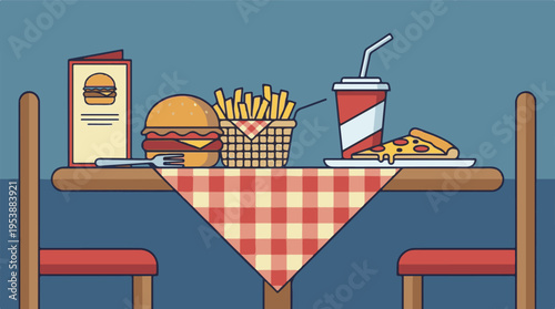 Table set with classic fast food meal, menu, and checkered tablecloth