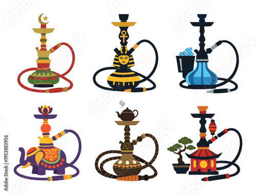 Hookahs and shishas showcasing different cultural styles like Egyptian pharaoh, Indian elephant, Islamic crescent, and Asian pagoda motifs