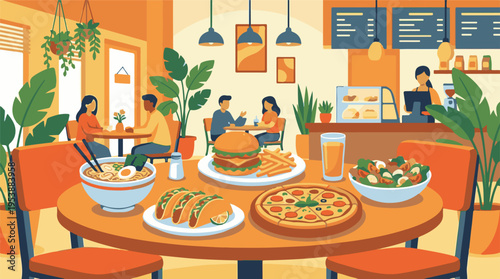 Flat design illustration of a bustling restaurant with diverse food and diners