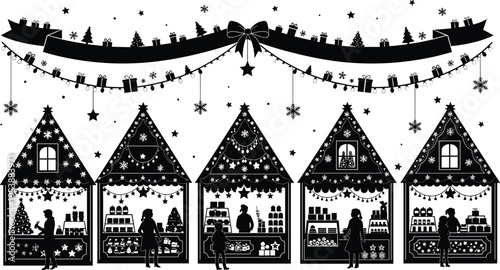 Black silhouette Christmas market stall set with holiday decorations, winter festival fair booths, festive shopping stalls, and seasonal celebration elements.