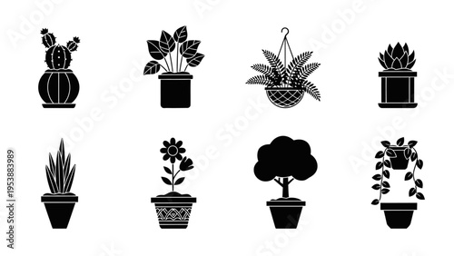 Set of Black Silhouettes of Potted Plants and Trees on White Background