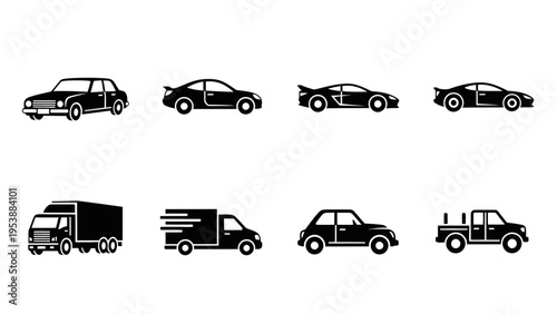 Set of Car Icons: Sports Cars, Sedan, Truck, Van, Pickup Truck