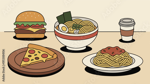 Assortment of popular comfort food and fast food meals illustration