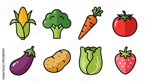 Set of Cute Vegetable and Fruit Icons: Corn, Broccoli, Carrot, Tomato, Eggplant, Potato, Cabbage, Strawberry