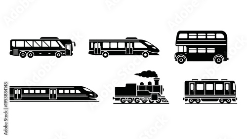 Set of diverse transportation icons: buses, trains, and trams in black and white