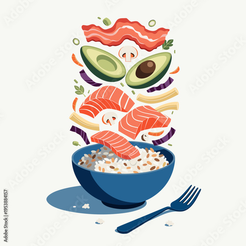 Poke Bowl Vector Floating Ingredients Salmon Avocado Bacon For World Food Day Healthy Cuisine Design