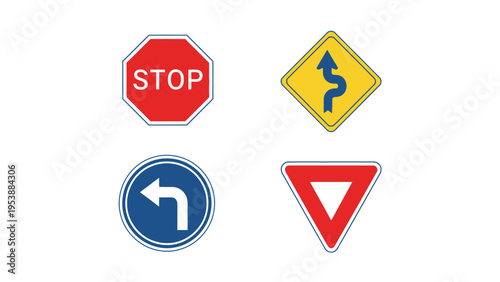 Set of Four Road Signs: Stop, Winding Road, Turn Left, Yield
