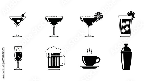 Set of Icons: Assorted Drinks and Beverages in Silhouette Style