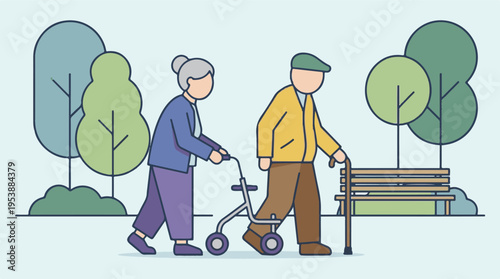 Elderly couple walking in a park with mobility aids, senior health
