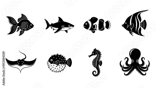Set of Marine Life Icons: Goldfish, Shark, Clownfish, Angelfish, Stingray, Pufferfish, Seahorse, Octopus