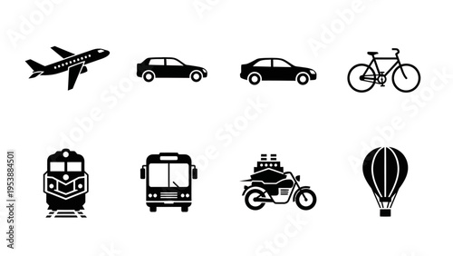 Set of Transportation Icons: Airplane, Cars, Bicycle, Train, Bus, Motorcycle, Hot Air Balloon