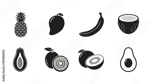 Set of Tropical Fruit Icons: Pineapple, Mango, Banana, Coconut, Papaya, Kiwi, Orange, Avocado