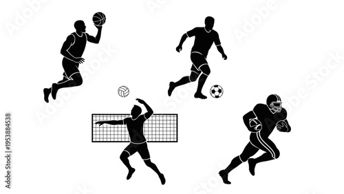 Silhouette Athletes Playing Basketball, Soccer, Volleyball, and American Football