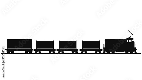 Silhouette of an electric train with freight cars on a white background